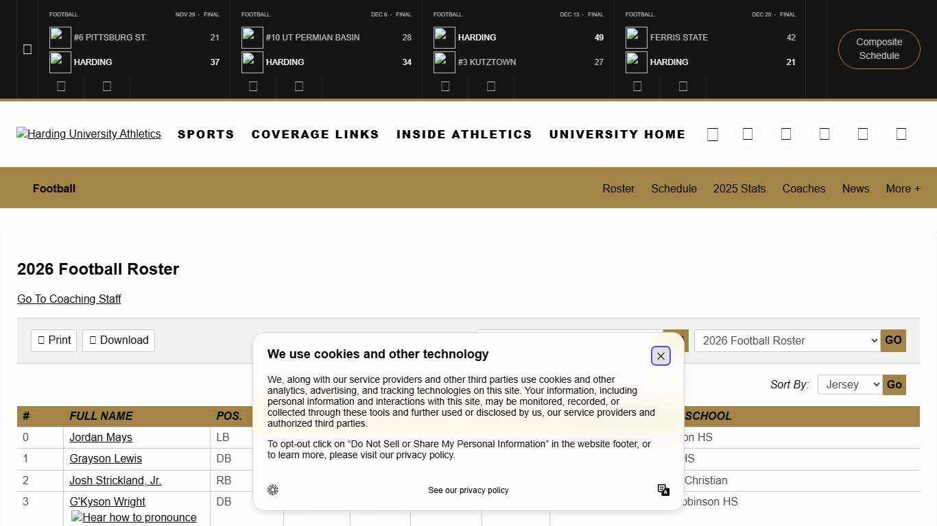 2026 Football Roster - Harding University Athletics